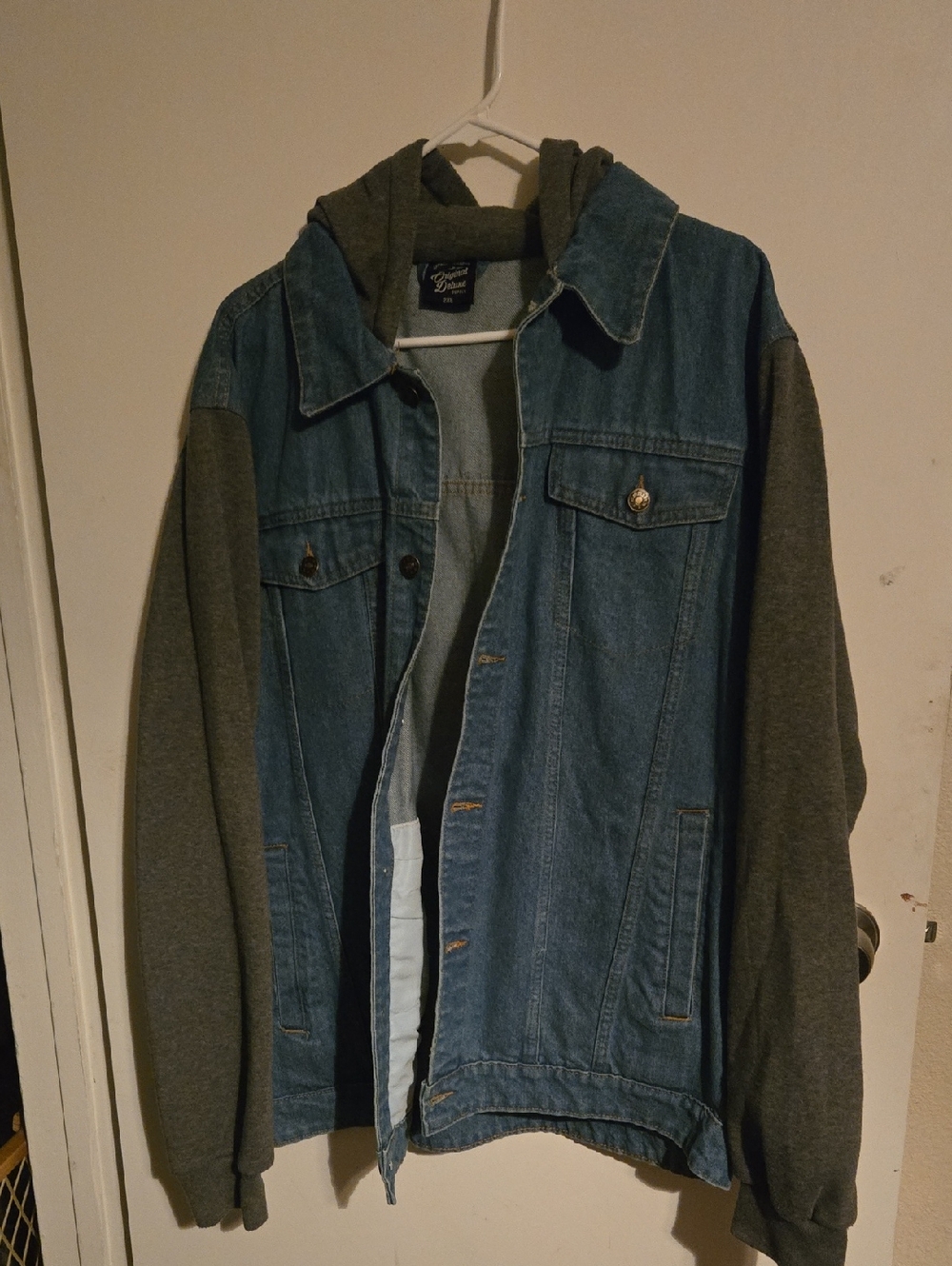 Original Deluxe Blue Denim Jacket with Gray Hoodie Sleeves